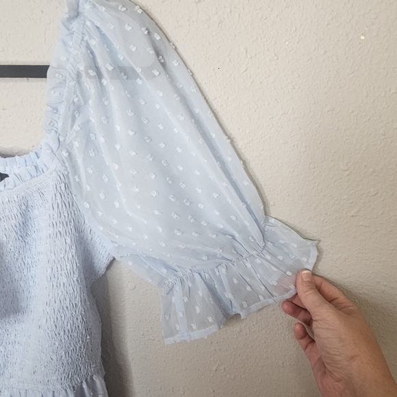 Merokeety Dress Sz‎ L Puff Sleeve Soft Girl Flowy Midi Feminine Pastel Blue NEW - Picture 6 of 15